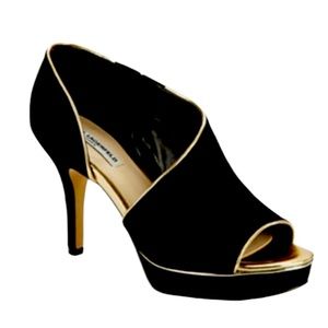 Karl Lagerfeld Black and Gold Evette Suede Dorsay Platforms